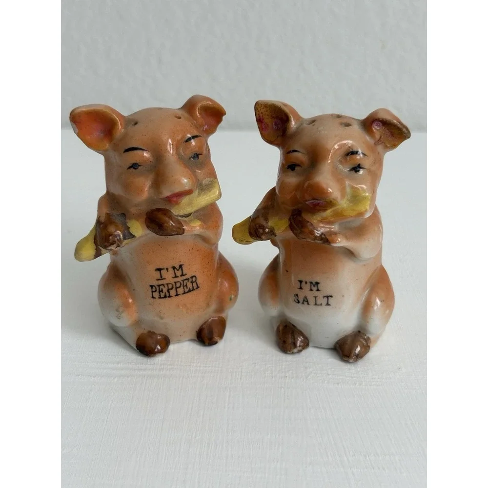 Vintage Made In Japan Pig Salt Pepper Shakers I'm Salt I'm Pepper Corn Set Cute